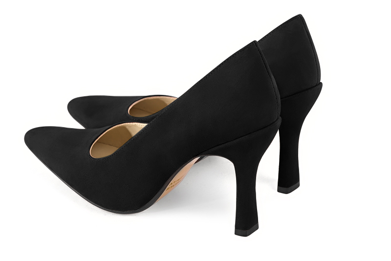 Matt black women's dress pumps,with a square neckline. Tapered toe. Very high spool heels. Rear view - Florence KOOIJMAN